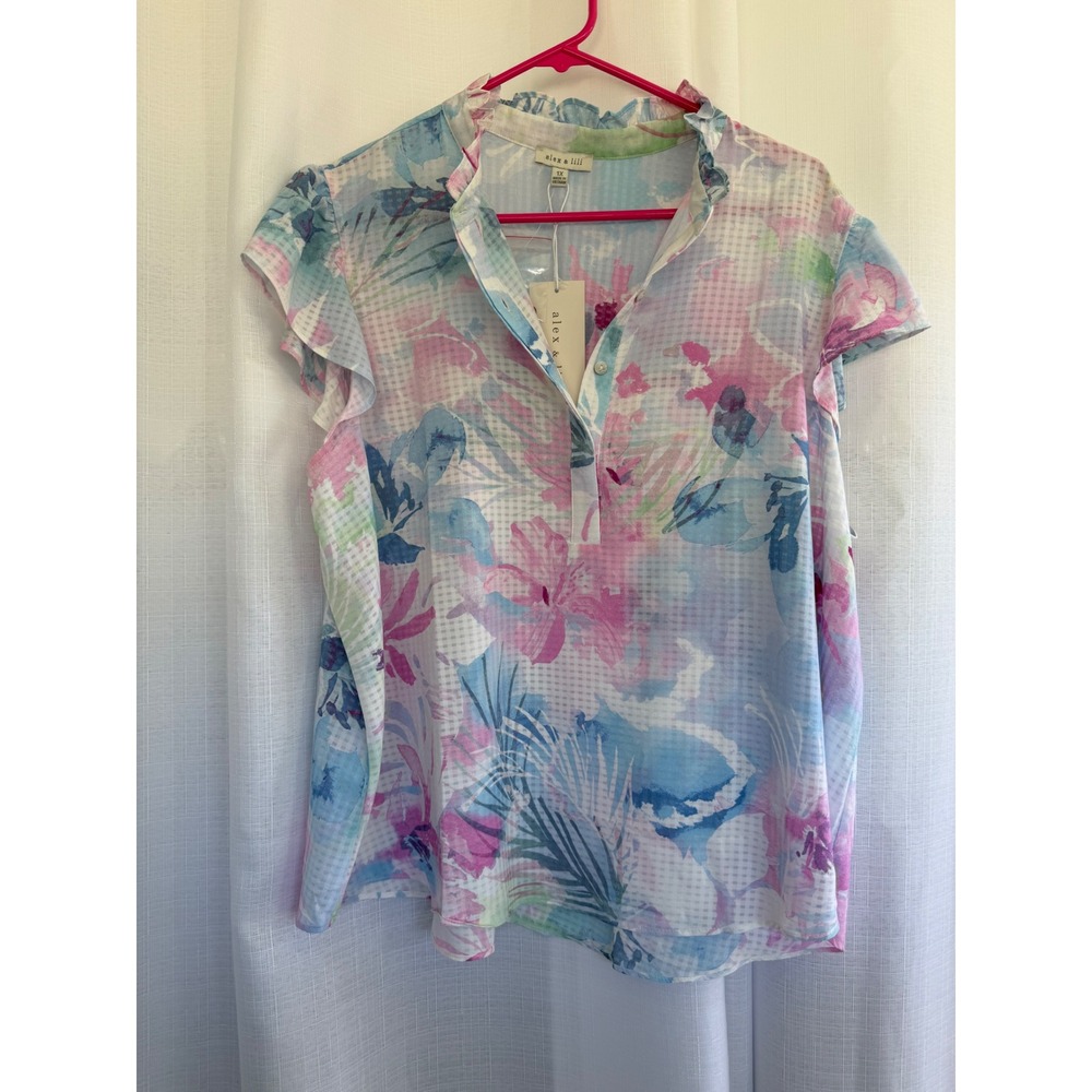 Alex‎ & Lili Floral Flutter Sleeve Blouse Size 1X Pastel Pink Blue NWT Feminine